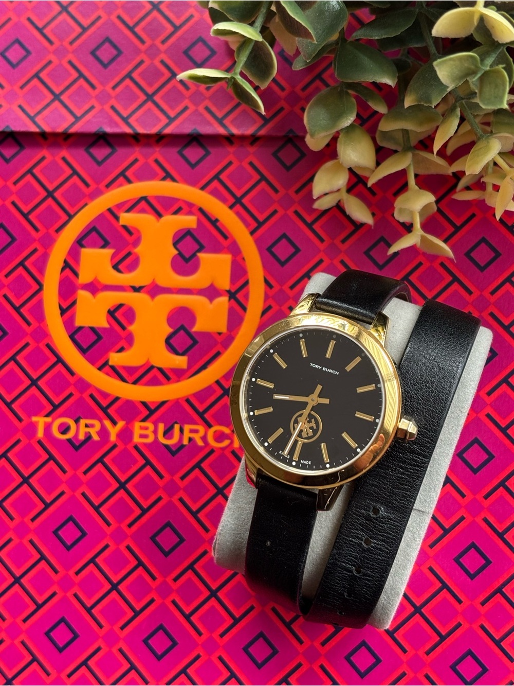 Tory Burch Black and Gold Double-Wrap Leather Watch